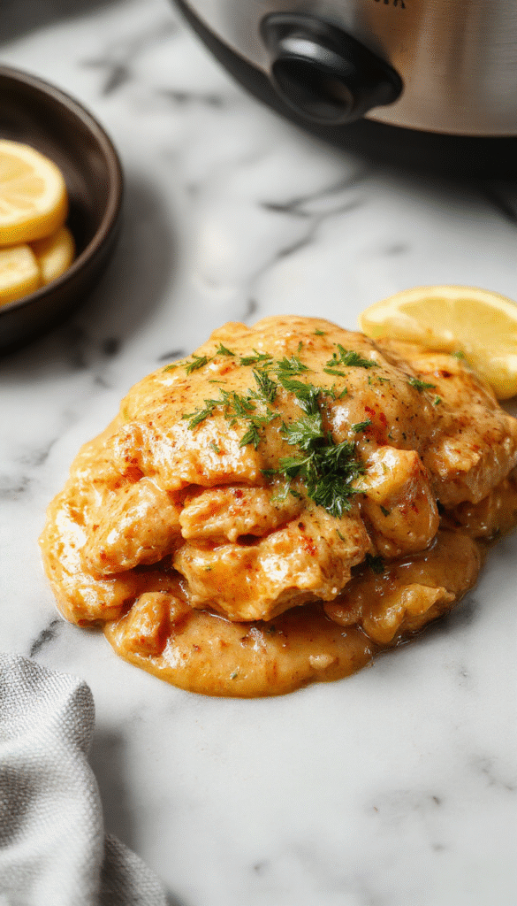A close-up of a rich, creamy butter chicken dish served in a white bowl. The chicken is coated in a vibrant orange sauce with hints of red spices, garnished with fresh cilantro. The background features a rustic wooden table with a sprig of cilantro and a spoonful of sauce, highlighting the textures and color contrast.