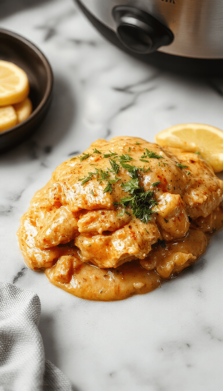 A close-up of a rich, creamy butter chicken dish served in a white bowl. The chicken is coated in a vibrant orange sauce with hints of red spices, garnished with fresh cilantro. The background features a rustic wooden table with a sprig of cilantro and a spoonful of sauce, highlighting the textures and color contrast.