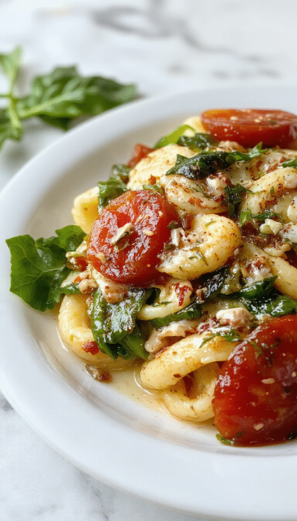 A vibrant plate of creamy spinach and tomato pasta featuring tangled al dente noodles topped with fresh green spinach leaves, juicy cherry tomato halves, and a sprinkle of grated cheese, served on a rustic white plate with a background of basil leaves and olive oil.