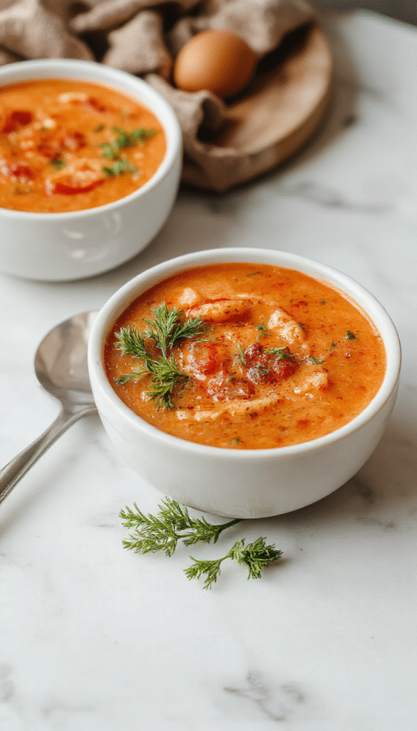 A vibrant bowl of creamy tomato soup garnished with fresh basil leaves, drizzled with cream, served in a rustic white bowl on a wooden table, with crusty bread slices and fresh herbs in the background, showcasing rich reds, creamy whites, and green accents.