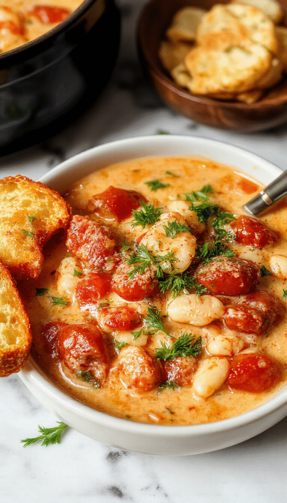 A vibrant bowl of creamy vegan tomato white bean stew topped with fresh herbs. The stew features chunky white beans in a rich red tomato sauce, garnished with parsley on a rustic wooden table with a spoon and bread beside it, highlighting the creamy texture and warm colors.