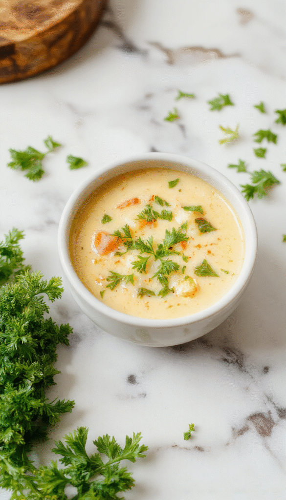 A vibrant bowl of creamy vegetable soup topped with fresh herbs on a rustic wooden table, with colorful chopped vegetables and a swirl of cream highlighting its rich texture and appealing presentation.