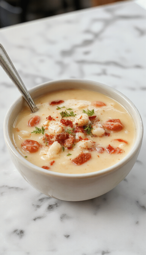 A steaming bowl of creamy white bean soup garnished with fresh herbs, served on a rustic wooden table with slices of crusty bread and a drizzle of olive oil, showcasing smooth textures and vibrant colors.