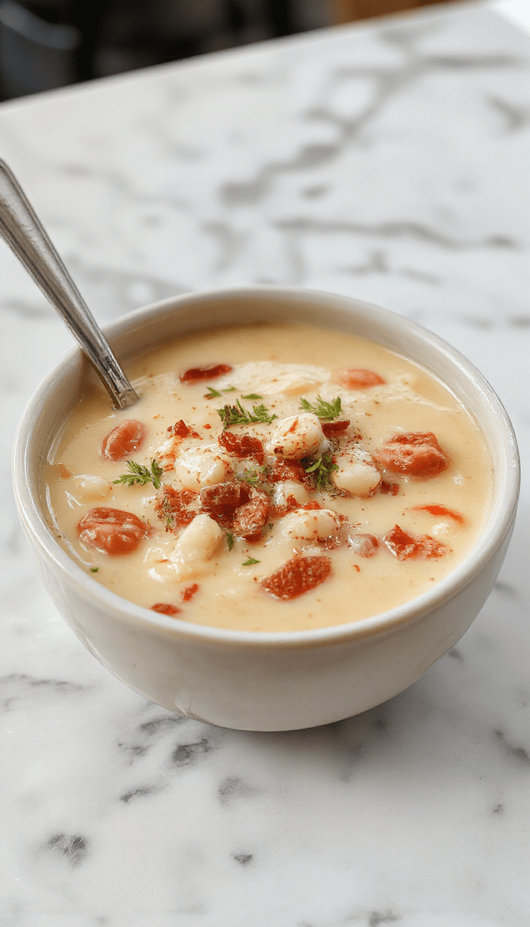 A steaming bowl of creamy white bean soup garnished with fresh herbs, served on a rustic wooden table with slices of crusty bread and a drizzle of olive oil, showcasing smooth textures and vibrant colors.