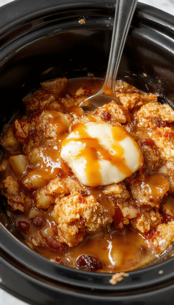 A close-up of a golden-brown dump cake topped with caramel sauce and sliced apples, served in a rustic ceramic baking dish with a scoop showing moist, fruity interior, garnished with a drizzle of caramel and a sprinkle of cinnamon, styled on a wooden surface with fresh apple slices nearby.
