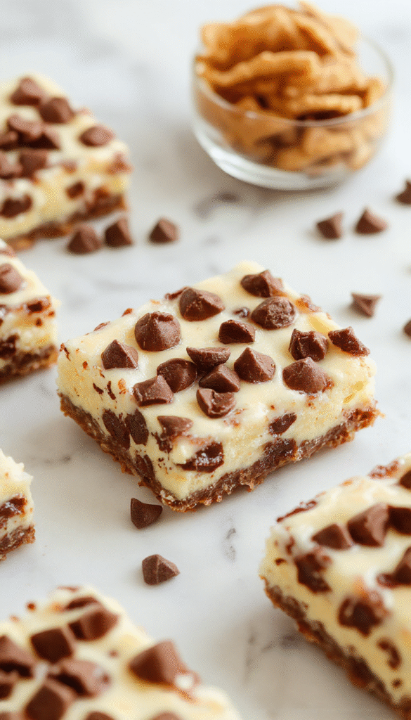 A close-up of luscious chocolate chip cheesecake bars on a white plate, showcasing a crumbly golden crust, a rich creamy cheesecake filling dotted with melty chocolate chips, topped with a drizzle of chocolate sauce and a sprig of mint, styled with a rustic wooden background to emphasize decadence and indulgence.