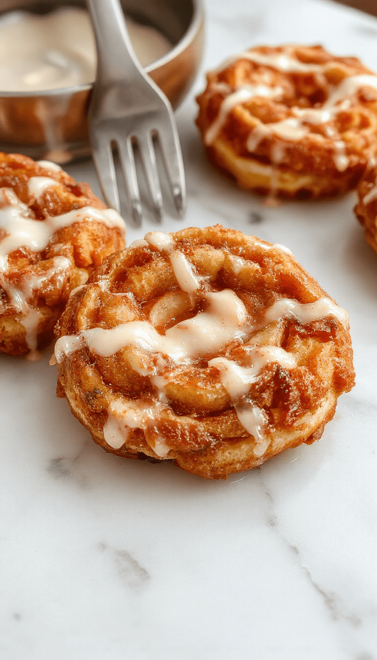 A close-up of golden-brown baked apple fritters drizzled with shiny, translucent glaze on a rustic white plate, surrounded by cinnamon sticks and caramel apples, with a soft-focus background of a cozy kitchen setting