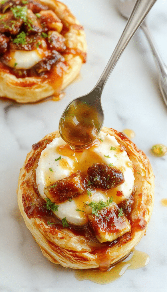 A golden-brown puff pastry wrapped baked brie with a creamy cheese filling, topped with drizzles of honey and sliced fresh figs, presented on a rustic wooden platter with a scattering of chopped herbs and a honey drizzle, styled for an inviting appetizer shot with natural lighting.