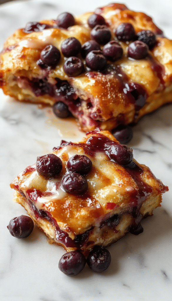 A vibrant, golden-brown baked casserole topped with fresh blueberries and powdered sugar, sliced and served on a rustic wooden table with a spoon and a sprig of mint for garnish
