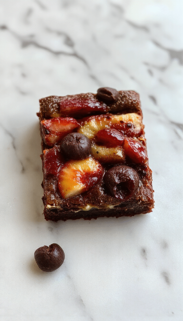 Colorful brownie fruit pizza featuring a chocolate brownie crust topped with vibrant sliced strawberries, blueberries, kiwi, and bananas arranged in an eye-catching pattern, with a glossy glaze and a sprinkle of powdered sugar, styled on a white plate against a bright background.