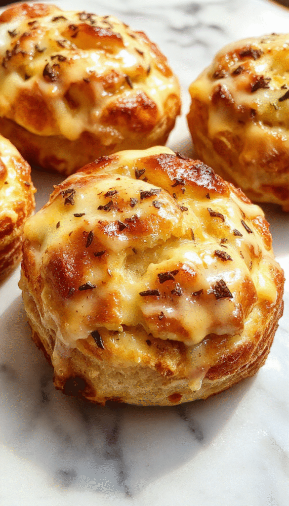 A golden-brown cheesy pull apart bread stacked neatly on a wooden board, showcasing melted cheese oozing between soft, flaky bread layers, garnished with herbs, inviting and warm.