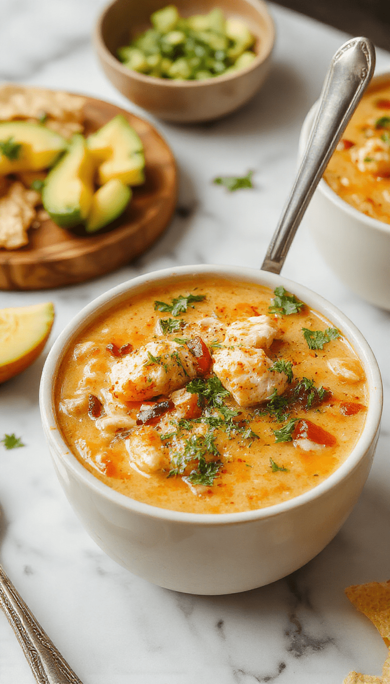 A vibrant bowl of chicken taco soup garnished with fresh cilantro, sliced jalapenos, shredded cheese, and lime wedges on a rustic wooden table with warm lighting.