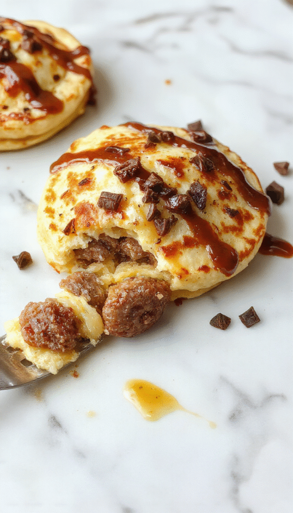 A golden-brown pancake sausage casserole sliced open to reveal gooey melted cheese, sausage chunks, and fluffy pancake layers on a rustic wooden platter, garnished with fresh herbs.