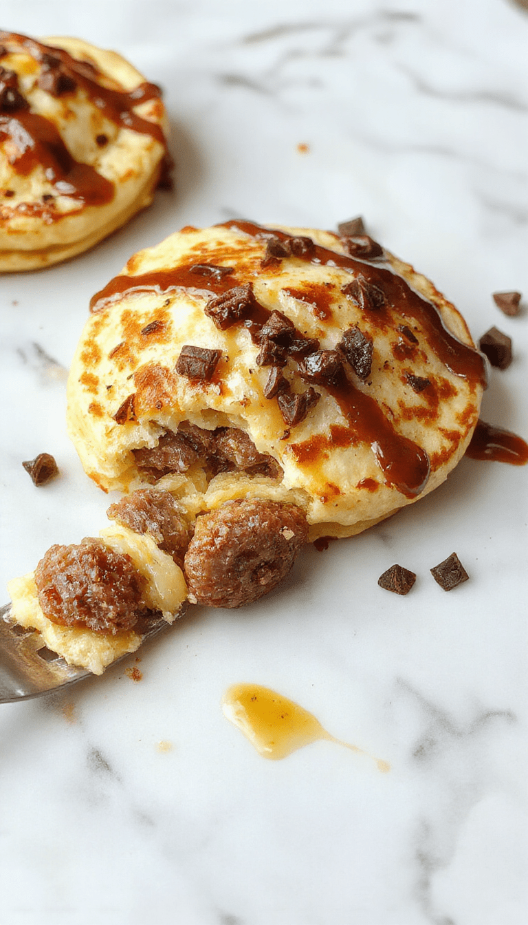 A golden-brown pancake sausage casserole sliced open to reveal gooey melted cheese, sausage chunks, and fluffy pancake layers on a rustic wooden platter, garnished with fresh herbs.