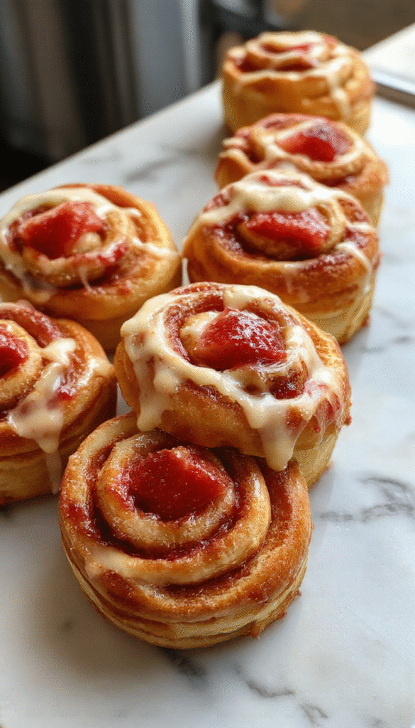 A close-up of golden-brown cinnamon rolls topped with a swirl of creamy cheesecake filling and fresh strawberry slices, drizzled with glaze, arranged on a rustic wooden plate with a sprig of mint for garnish.