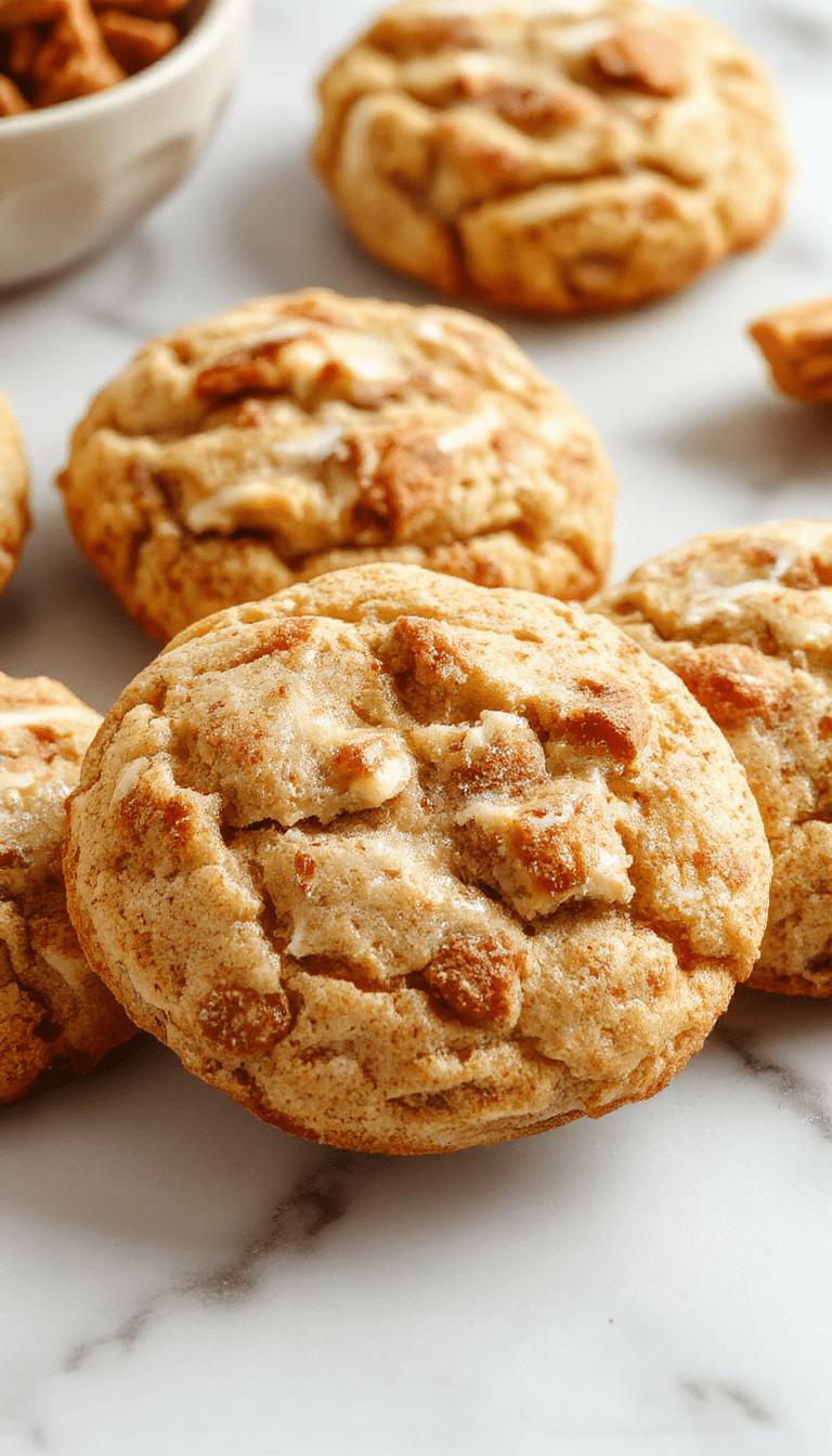 A close-up of golden-brown apple cinnamon snickerdoodle cookies arranged on a rustic wooden platter, dusted with cinnamon sugar, with a sprinkle of apple pieces and cinnamon sticks in the background, styled with a cozy, warm ambiance.