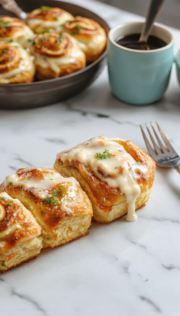 A close-up view of warm, fluffy breakfast rolls arranged on a rustic wooden platter, with a butter knife spreading butter on one roll. The rolls are golden-brown, soft on the inside, and topped with a sprinkle of powdered sugar. The background features a cozy kitchen setting with a soft morning light highlighting the textures and inviting appearance.