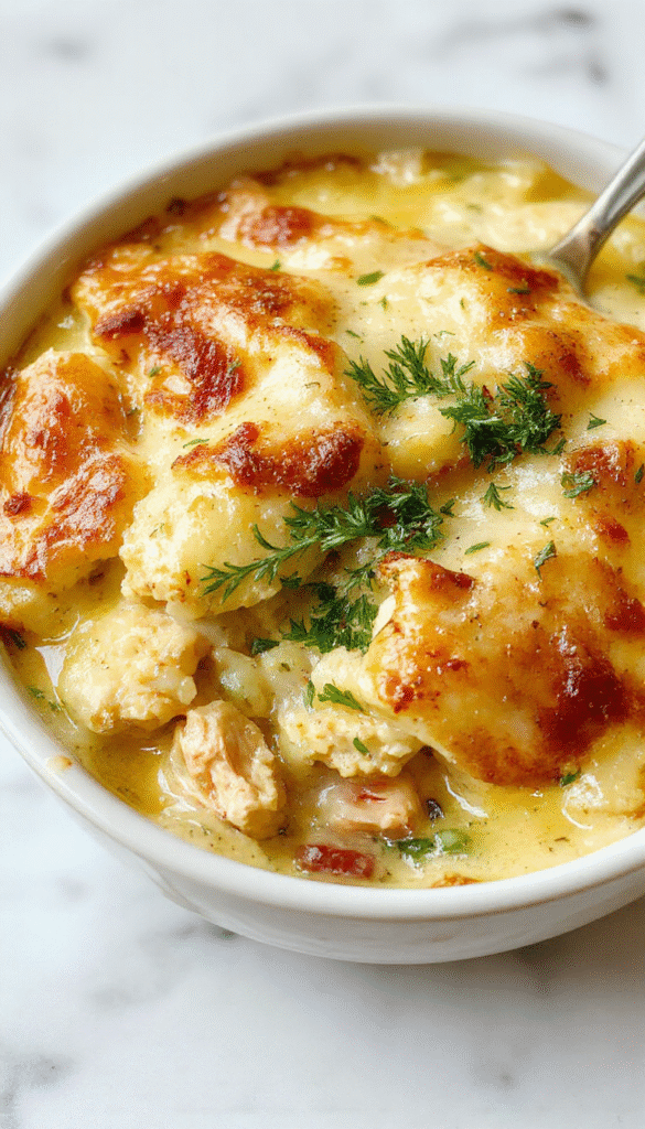 A golden-brown chicken pot pie casserole sliced open to reveal creamy chicken, vegetables, and flaky crust layers in a rustic white baking dish, garnished with chopped herbs.