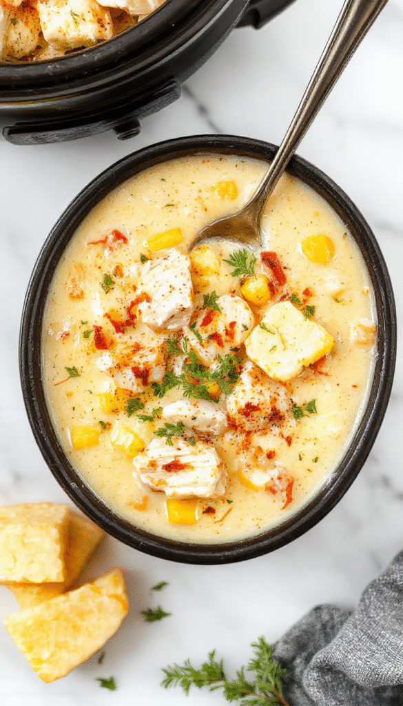 A vibrant bowl of creamy chicken corn chowder garnished with fresh herbs and crispy bacon, served on a rustic wooden table with a spoon and bread roll beside it.