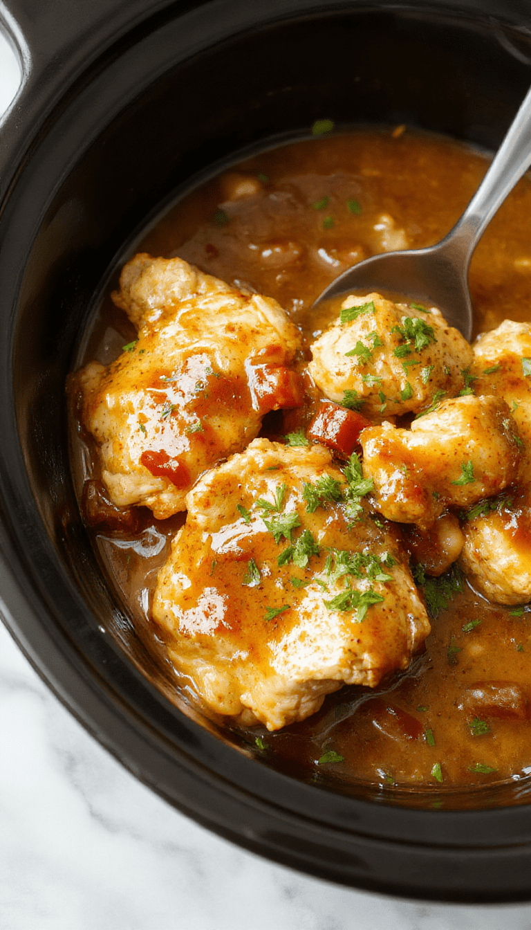 A close-up of a rustic white bowl filled with tender shredded chicken covered in rich, glossy gravy. The dish is garnished with herbs and set on a wooden table with fresh ingredients like garlic and herbs, highlighting the comforting textures and warm tones of the meal.