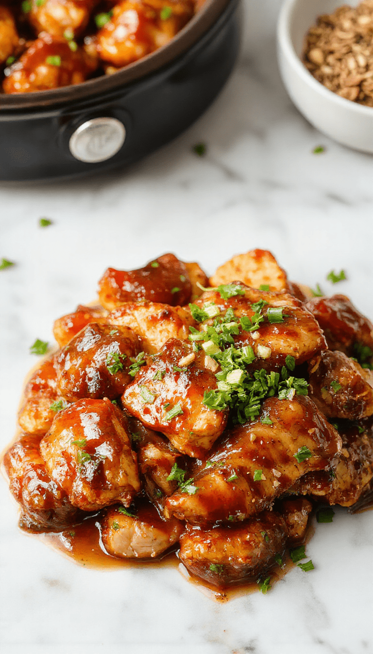 Colorful plated crockpot teriyaki chicken with glossy, caramelized sauce served over steamed rice, garnished with green onions and sesame seeds, styled on a rustic wooden table with a vibrant, inviting atmosphere.