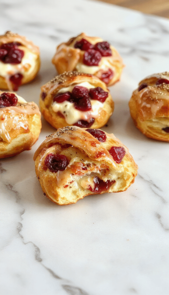 A close-up of golden-brown crescent-shaped pastries filled with vibrant red cranberries and creamy white cheese, garnished with fresh herbs on a rustic wooden platter