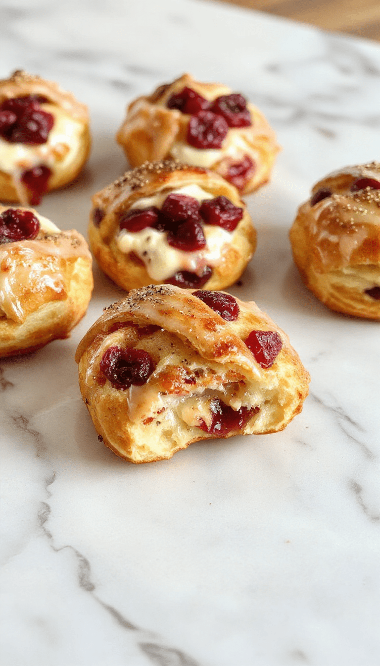 A close-up of golden-brown crescent-shaped pastries filled with vibrant red cranberries and creamy white cheese, garnished with fresh herbs on a rustic wooden platter