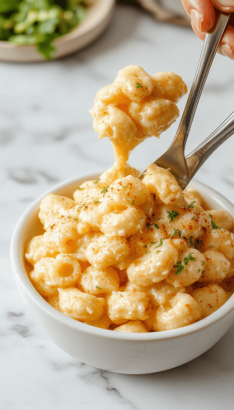 A close-up of creamy vegan mac and cheese served in a rustic bowl. The pasta is coated in a smooth, cheesy sauce with a slight sheen, garnished with chopped green herbs, and set on a wooden table with a fork tearing into the dish. Bright, inviting colors and a cozy kitchen ambiance highlight the homemade appeal.