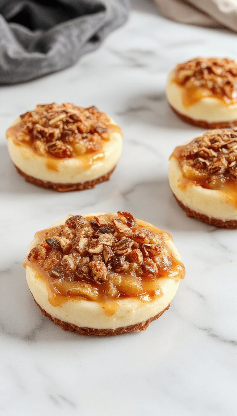 Colorful mini cheesecakes topped with caramelized apple slices and cinnamon, presented on a rustic wooden platter with fall leaves in the background, showcasing their creamy texture and crumbly crust.
