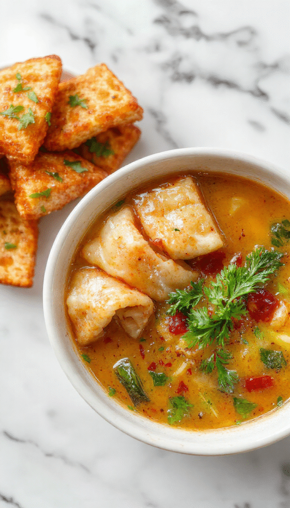 A steaming bowl of potsticker soup featuring golden-brown dumplings floating in a clear, flavorful broth garnished with chopped green onions and sesame seeds, with steam rising from the bowl on a rustic wooden table.
