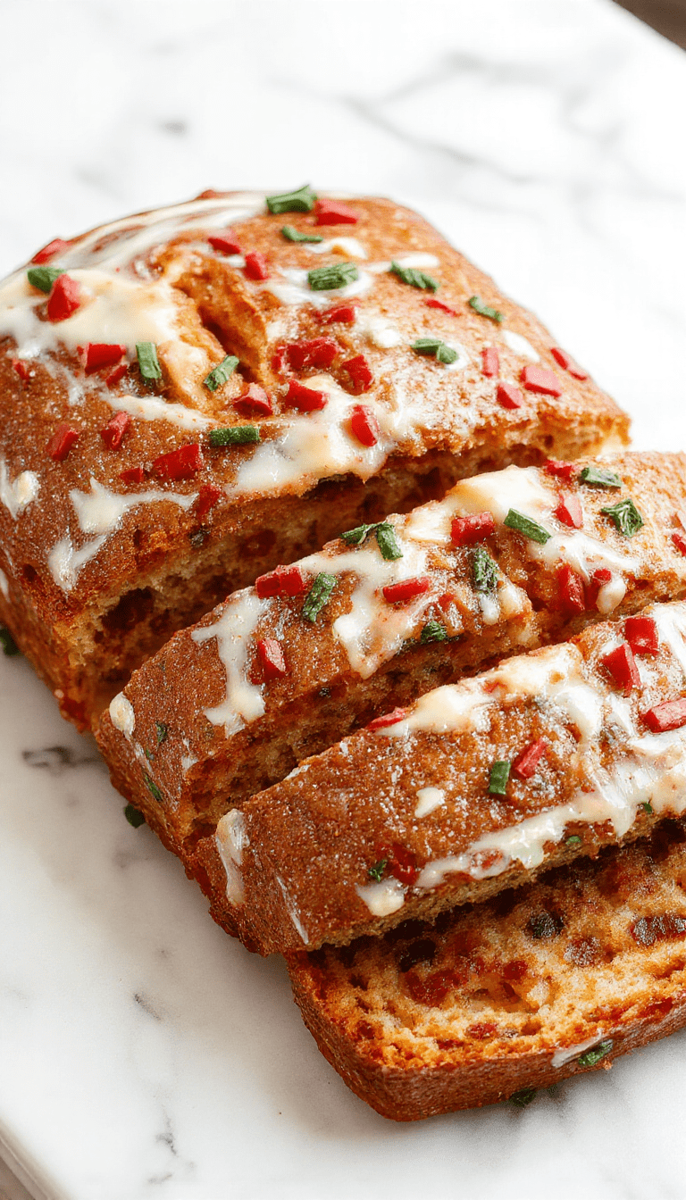 A sliced festive Christmas bread on a rustic wooden platter, topped with powdered sugar and garnished with holly berries and sprigs of rosemary, vibrant red and green accents, soft interior with swirls of cinnamon and dried fruits, warm lighting enhancing the cozy holiday atmosphere