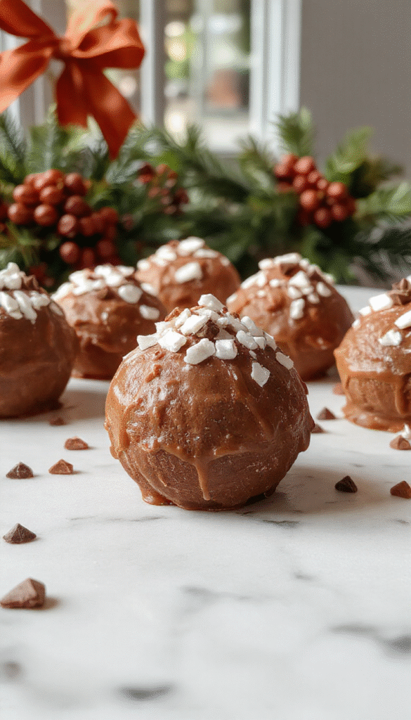 A vibrant Christmas-themed hot chocolate bomb melting in a clear glass mug, revealing a colorful marshmallow and chocolate interior, topped with whipped cream and holiday sprinkles, set on a rustic wooden table with festive decorations in the background.