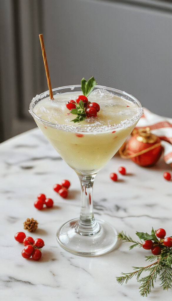 A vibrant festive cocktail in a clear glass garnished with fresh mint leaves, lime wedge, and tiny mistletoe sprigs, glowing against a sparkling holiday backdrop with colorful lights and snowflake accents.