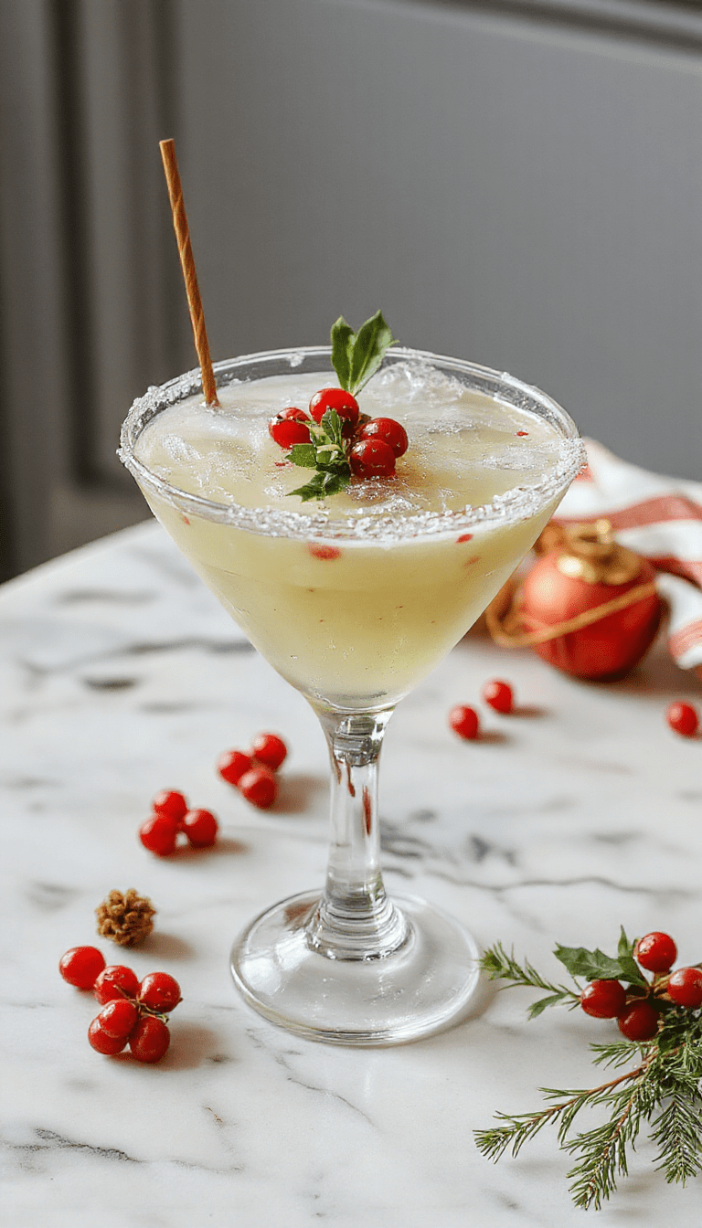A vibrant festive cocktail in a clear glass garnished with fresh mint leaves, lime wedge, and tiny mistletoe sprigs, glowing against a sparkling holiday backdrop with colorful lights and snowflake accents.