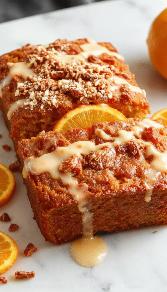 A sliced loaf of Florida orange pumpkin bread topped with a golden brown streusel crust and drizzled with a vibrant orange glaze, set on a rustic wooden board with fresh oranges and pumpkin pieces in the background, showcasing moist texture and crispy topping.