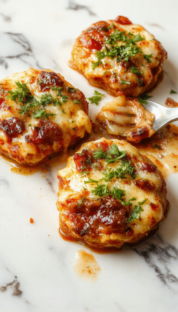 A golden-brown pizza topped with caramelized onions, melted cheese, and crisp crust slices arranged on a rustic wooden platter, garnished with fresh herbs, with a bowl of French onion soup in the background.