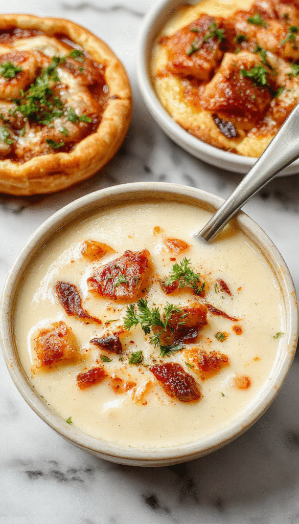 A round pizza topped with caramelized golden onions, melted cheese, and crispy crust, styled on a rustic wooden board with fresh herbs and a side of soup