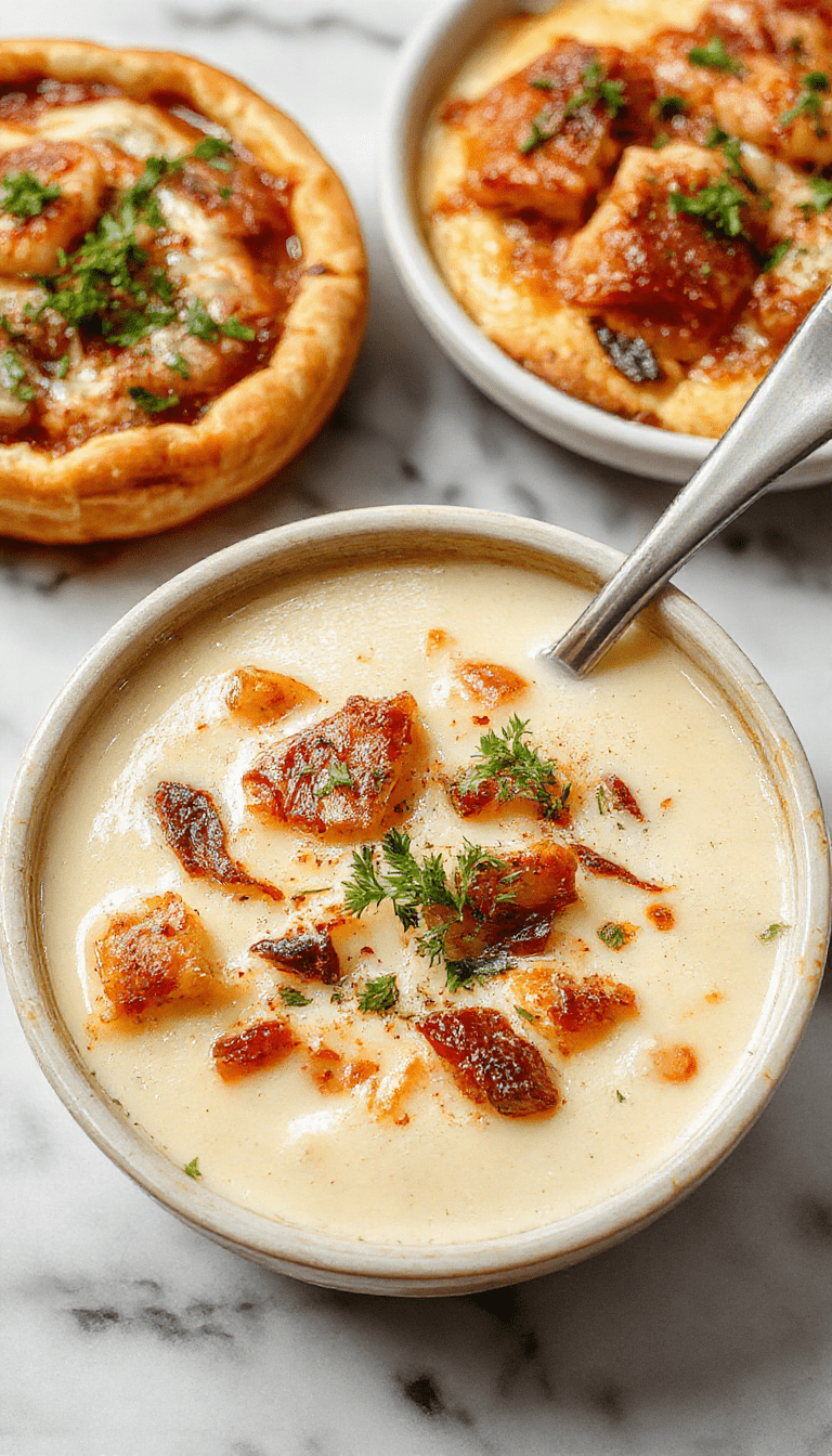A round pizza topped with caramelized golden onions, melted cheese, and crispy crust, styled on a rustic wooden board with fresh herbs and a side of soup