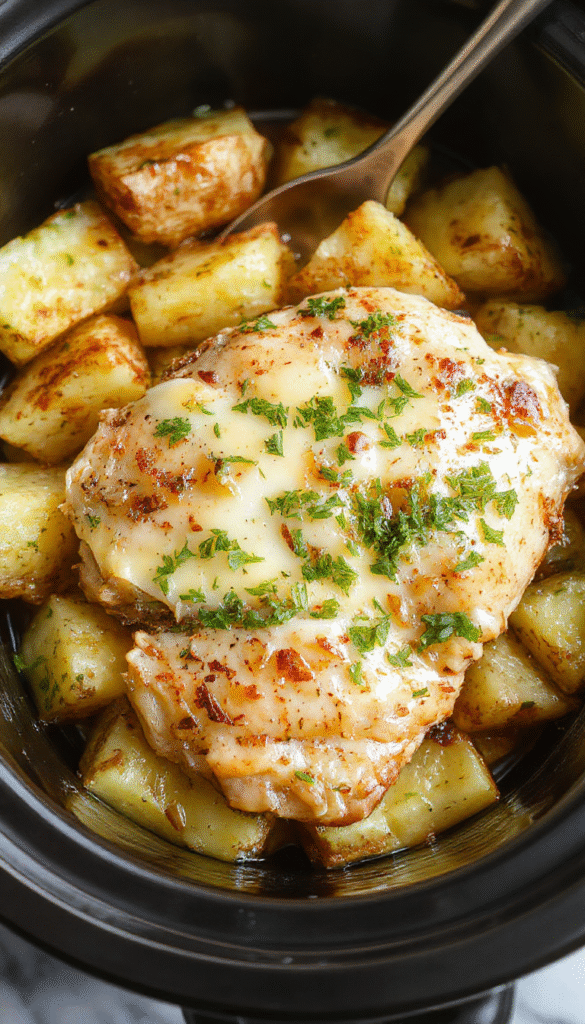 A rustic white bowl filled with tender shredded chicken topped with golden parmesan and fresh garlic, surrounded by roasted baby potatoes with crispy skins and sprinkled with herbs. The dish is styled on a wooden surface with a sprig of parsley, showcasing a creamy, savory texture and vibrant colors.