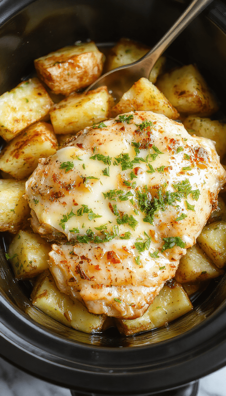A rustic white bowl filled with tender shredded chicken topped with golden parmesan and fresh garlic, surrounded by roasted baby potatoes with crispy skins and sprinkled with herbs. The dish is styled on a wooden surface with a sprig of parsley, showcasing a creamy, savory texture and vibrant colors.