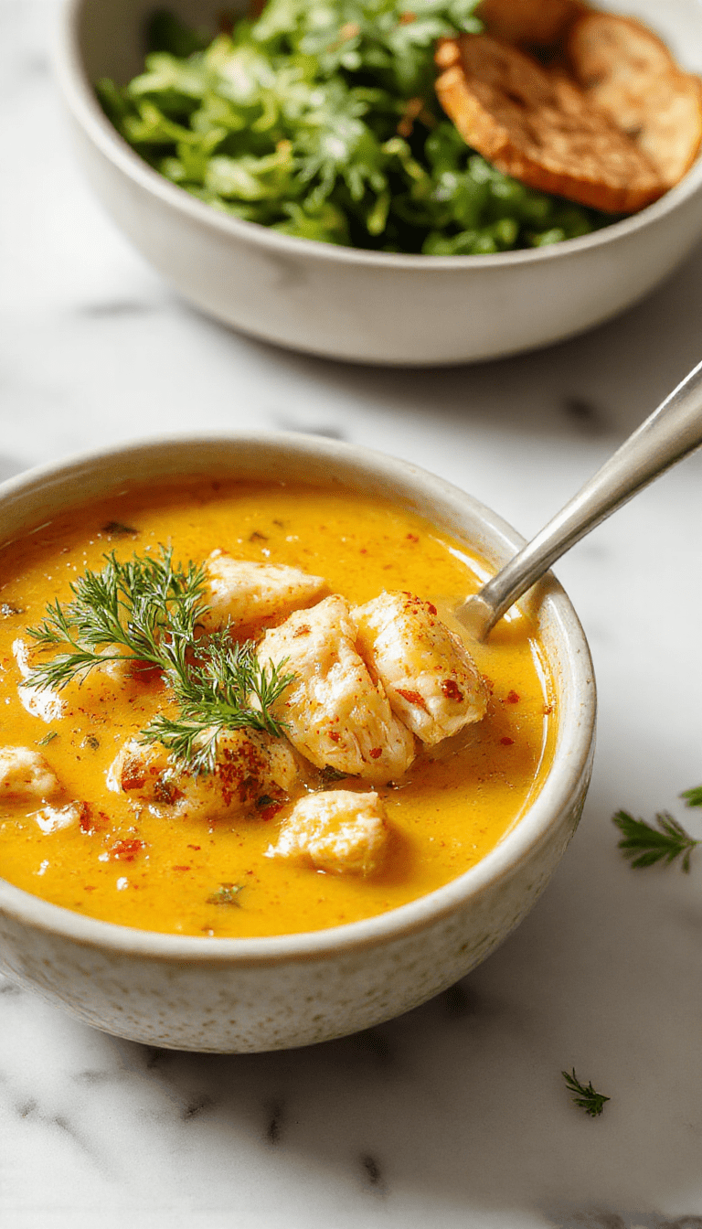 A vibrant bowl of anti-inflammatory turmeric chicken soup with tender shredded chicken, golden turmeric broth, fresh herbs, and colorful vegetables arranged in a rustic white bowl with steam gently rising, set on a wooden surface with herbs and spices scattered around.