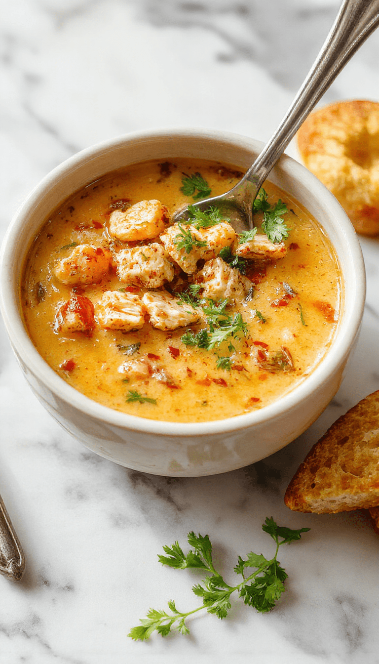 A vibrant bowl of low carb chicken tortilla soup featuring a rich tomato base topped with shredded chicken, melted cheese, fresh cilantro, and jalapeño slices, served with crispy tortilla strips on a rustic wooden table with colorful ingredients around.