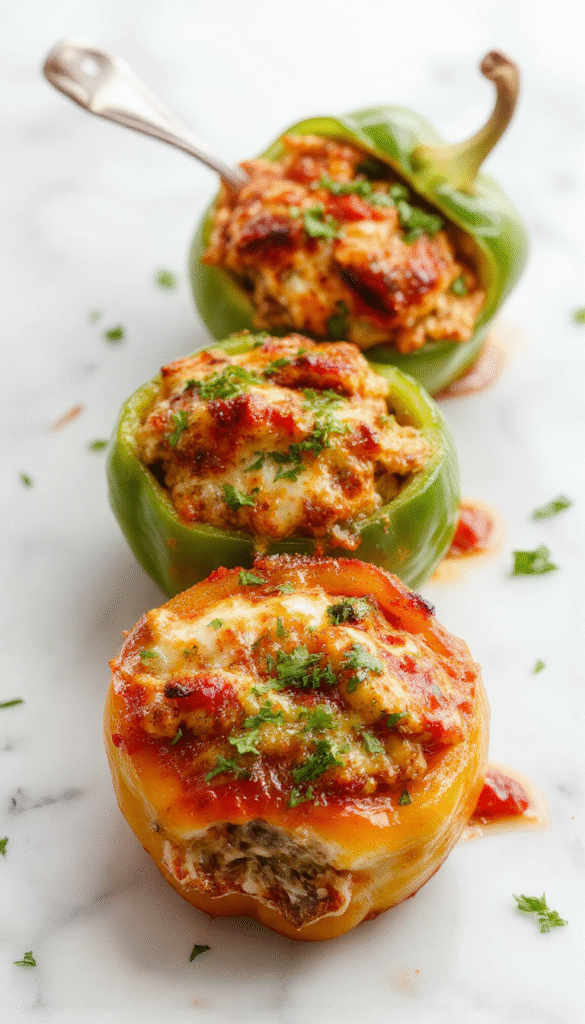 Colorful stuffed bell peppers arranged on a white plate, showcasing vibrant red, yellow, and green peppers filled with seasoned rice, vegetables, and melted cheese, garnished with fresh herbs, all set against a rustic wooden background.
