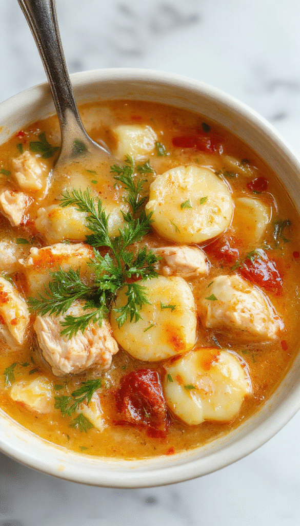 A warm bowl of creamy chicken gnocchi soup topped with fresh herbs, showcasing tender gnocchi, shredded rotisserie chicken, and vibrant greens in a rustic bowl on a wooden table.