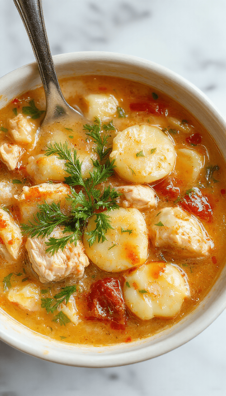 A warm bowl of creamy chicken gnocchi soup topped with fresh herbs, showcasing tender gnocchi, shredded rotisserie chicken, and vibrant greens in a rustic bowl on a wooden table.