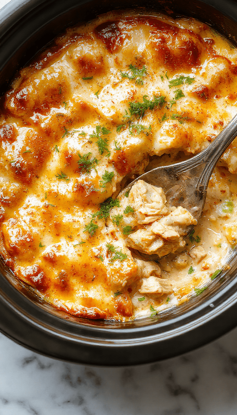 A rustic white bowl filled with golden-brown flaky pie crust topped with creamy chicken and vegetable filling, garnished with fresh herbs, set on a wooden table with a nearby rolling pin and kitchen towel, colorful ingredients visible through a slice.