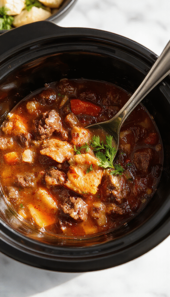 A steaming bowl of hearty beef stew garnished with fresh herbs, surrounded by chunks of tender beef, carrots, potatoes, and celery, served in a rustic ceramic bowl on a wooden table, with a spoon resting beside it and a warm, inviting atmosphere.