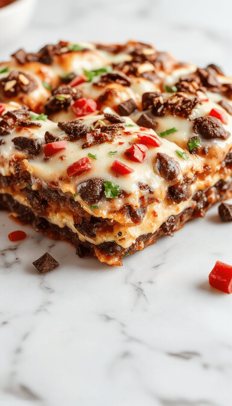 Colorful layered Christmas cookie lasagna in a clear glass dish, topped with festive sprinkles, showcasing creamy layers of crushed cookies and cream cheese, with holiday-themed decorations around.