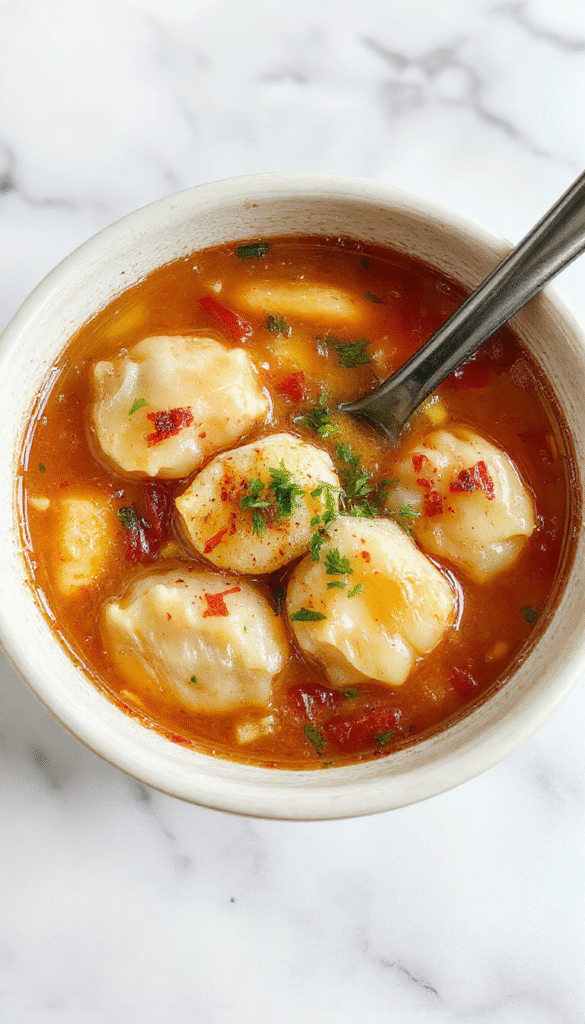 A steaming bowl of Gyoza Soup featuring golden-brown Japanese dumplings floating in a clear, aromatic broth, garnished with chopped green onions and shredded nori, with a side of fresh vegetables and a pair of chopsticks resting on the bowl, highlighting textures and vibrant colors.