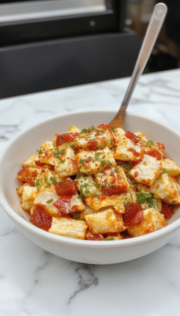 Colorful Mediterranean chicken pasta salad in a white bowl with vibrant cherry tomatoes, sliced cucumbers, kalamata olives, crumbled feta cheese, fresh parsley, and grilled chicken strips. The dish has a glossy vinaigrette dressing, and the background features a rustic wooden table with additional ingredients scattered artistically.